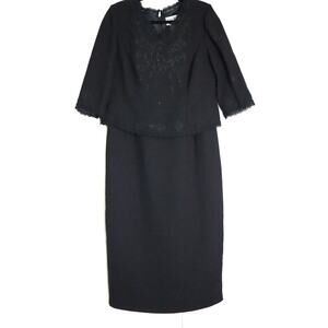 Plaza South Vintage Y2K Black Midi Dress Floral Embroidered 3/4 Sleeve 10P Lace